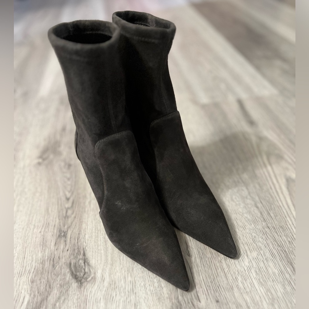 Stuart Weitzman - Stuart 85 Stretch Suede Ankle Boots, Slate Gray - Size 5B - Picture 2 of 8